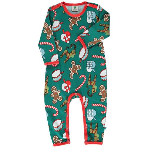 Se Småfolk Onesie i Petroleum Green med juledekorationer | Grønn | 74 cm ved Babyshop