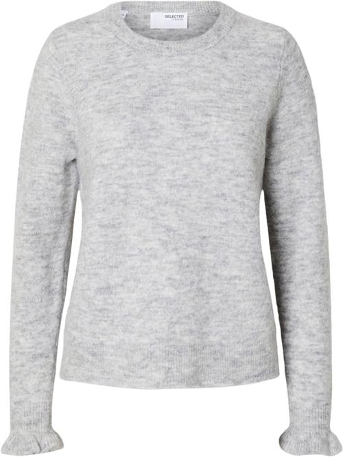 Se Selected Femme Slflulu LS Knit Frill Cuff Oneck N Kvinde Grå Sweaters Regular Fit Str S - hos Magasin ved Magasin