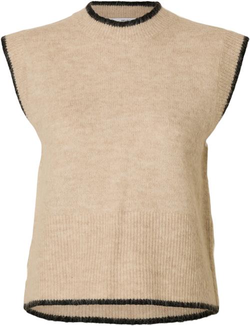 Se Selected Femme Slfalva Oneck Knit Vest D2 Kvinde Birch/detail Black Strikveste Str S - hos Magasin ved Magasin