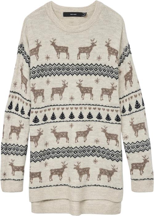 Se Vero Moda Vmdeers LS Oneck H/L Long Pull. XM Kvinde Birch/w. Brown Lentil+Black Sweaters Str XS - hos Magasin ved Magasin