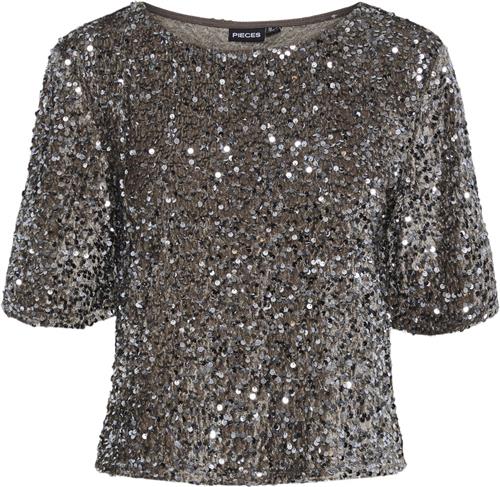 Pieces Pckam SS TOP BC Kvinde Morel/silver Sequins Toppe Regular Fit Str M - hos Magasin