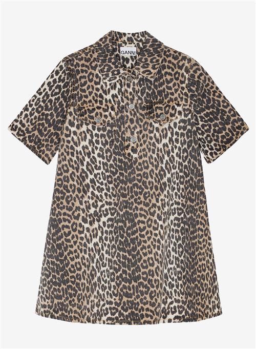 Ganni Print Denim Mini Dress Leopard