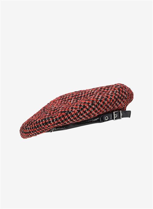 Se Ganni Woven Beret Check Racing Red ved Number Nine