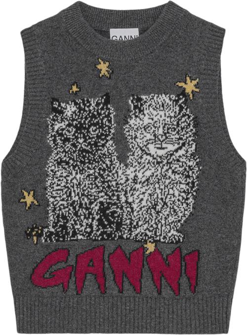 Ganni Graphic Wool Mix Cats Vest Kvinde Gray Quill Strikveste Str S - hos Magasin