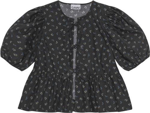 Ganni Printed Cotton Peplum Blouse Kvinde Phantom Langærmede Bluser Str 40 - hos Magasin