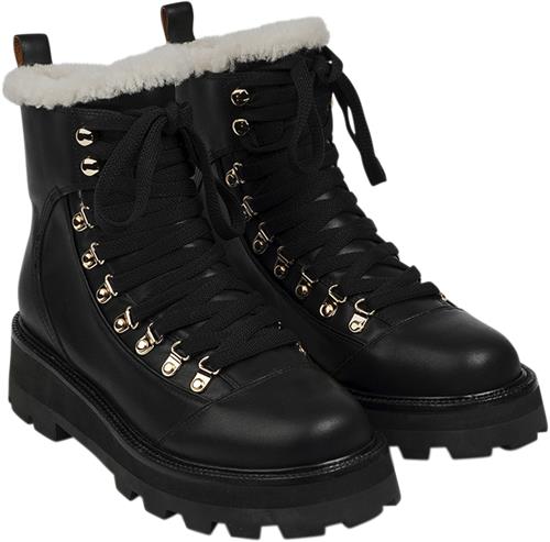 Lovelies Mitchell Leather Trekking Boots With Shearling Kvinde Black Snørestøvler Str 40 - hos Magasin