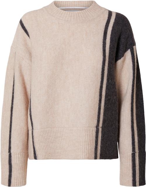 Selected Femme Slfalva LS Oneck Knit Kvinde Birch/volcanic Ash Sweaters Regular Fit Str L - hos Magasin