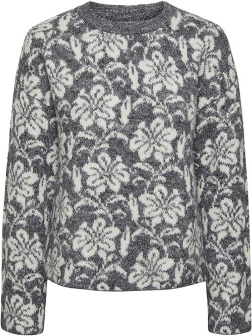 Pieces Pcragar LS Oneck REV Jacquard Knit Kvinde Medium Grey Melange/cdan Jacquard Langærmede Bluser Str L - hos Magasin