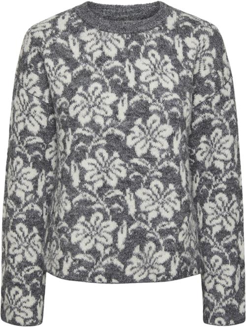 Pieces Pcragar LS Oneck REV Jacquard Knit Kvinde Medium Grey Melange/cdan Jacquard Langærmede Bluser Str XL - hos Magasin