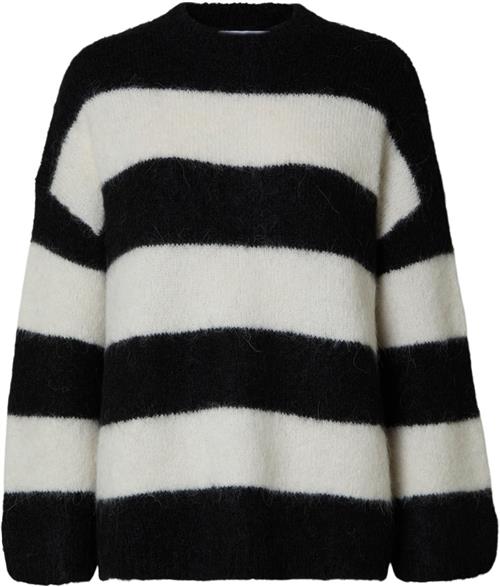 Se Selected Femme Slfgabella LS Wool Knit Oneck Camp Kvinde Sort/hvid Sweaters Loose Fit Str L - hos Magasin ved Magasin