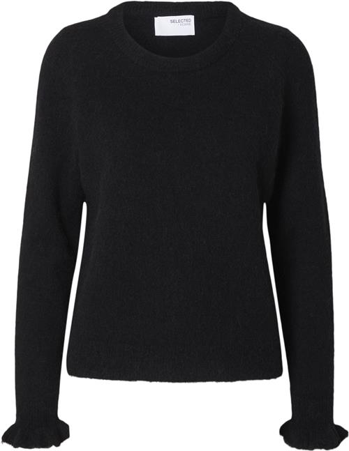 Se Selected Femme Slflulu LS Wool Knit Frill Cuff Oneck N Kvinde Sort Sweaters Regular Fit Str S - hos Magasin ved Magasin