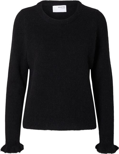 Selected Femme Slflulu LS Wool Knit Frill Cuff Oneck N Kvinde Sort Sweaters Regular Fit Str M - hos Magasin