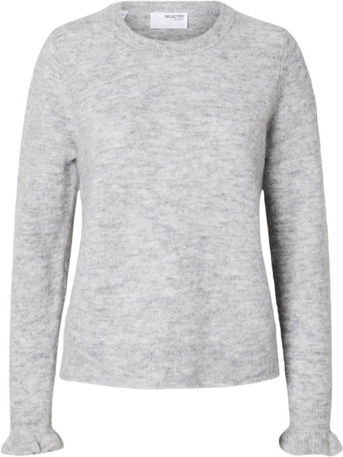 Se Selected Femme Slflulu LS Wool Knit Frill Cuff Oneck N Kvinde Grå Sweaters Regular Fit Str L - hos Magasin ved Magasin