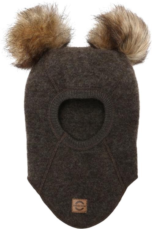 Mikk-Line Wool Fullface w. Pom Pom Str 86/92Y - Dark Brown Melang Heldragter Uld hos Magasin