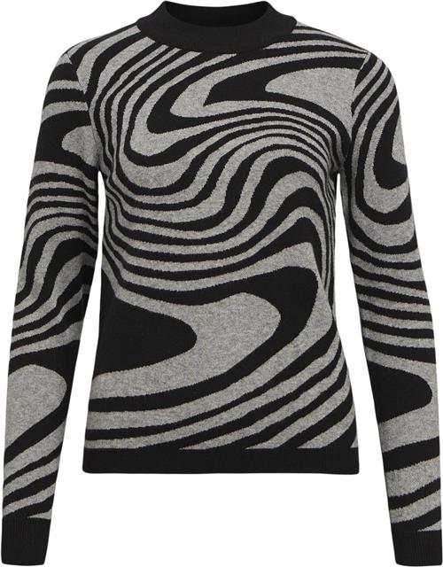 Se Object Objray L/S Knit Pullover AOP Noos Kvinde Black/medium Grey Melange Zebra Toppe Str XS - hos Magasin ved Magasin