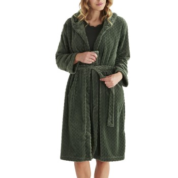 Damella Jaquard Fleece Hoodie Robe Oliven polyester Large Dame