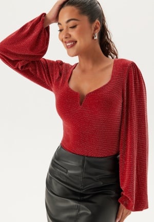 Se BUBBLEROOM Sparkling Puff Sleeve Top Red/Silver XL ved Bubbleroom