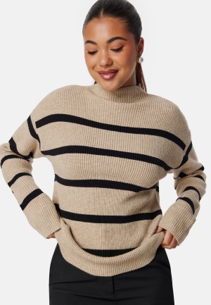 Se VILA Viril Mockneck L/S Knit Rib Top Natural Melange Stripes:BLACK XL ved Bubbleroom