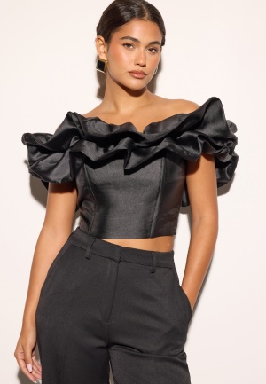 Bubbleroom Occasion Frill Satin Off Shoulder Top Black M