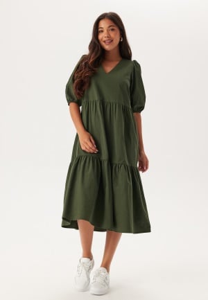 Se BUBBLEROOM Midi Puff Sleeve Dress Khaki green XL ved Bubbleroom