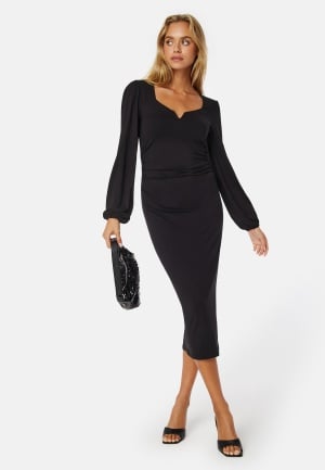 BUBBLEROOM Square V-neck puff sleeve midi dress Black XS