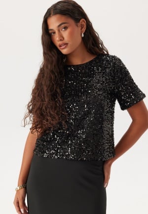 Se Pieces Pcserena Sequin Ss O-neck Top Black Detail:black Detail XL ved Bubbleroom