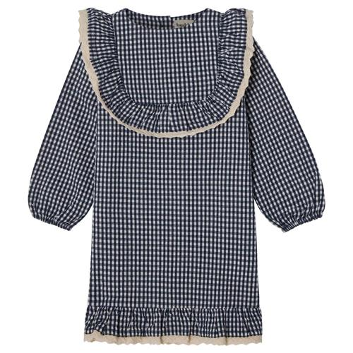 Buddy & Hope Alice LS Flounce Seersucker Kjole Navy Check | Marine blå | 98/104 cm