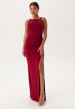 Bubbleroom Occasion Square Neck Slit Maxi Dress Red XXS