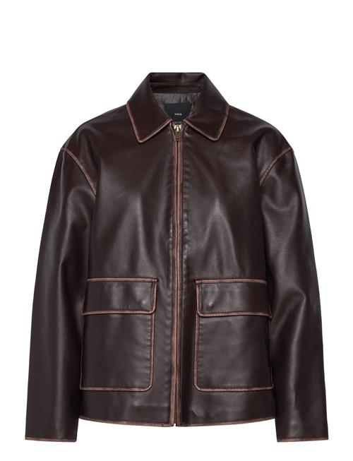 Mango Leather-Effect Jacket With Contrast Stitching Mango Brown