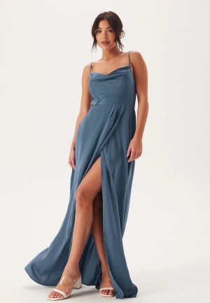 Bubbleroom Occasion Waterfall Slit Satin Gown Dark Dusty Blue 36