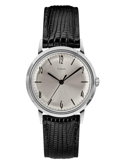 Timex Marlin Handwind 34Mm Sst Case Silver Dial Black Leather Strap Timex Silver