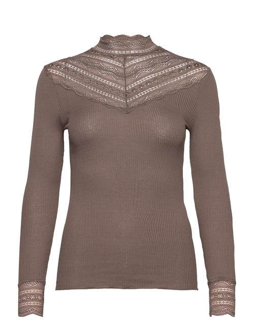 Rwbenita Silk Ls Lace T-Neck T-Shi Rosemunde Brown