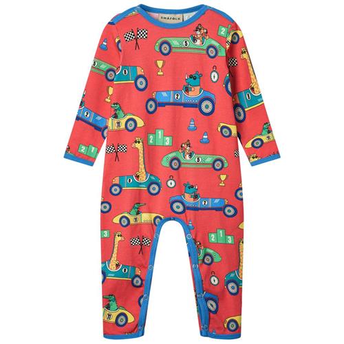 Småfolk Long Sleeved Baby Suit With Race Cars Pink Punch Race Cars Langærmet Onesie Pink Punch | Rød | 80 cm