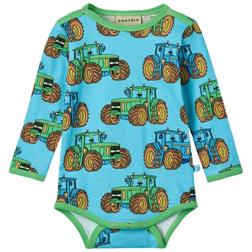 Småfolk Long Sleeved Baby Body With Tractors Blue Atoll Tractors Baby Body Blue Atoll | Blå | 92 cm