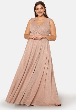 Goddiva Curve Glitter Wrap Front Maxi Curve Dress With Split Nude 44 (UK16)