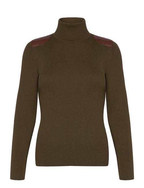 Faux-Leather-Trim Ribbed Turtleneck Lauren Ralph Lauren Khaki