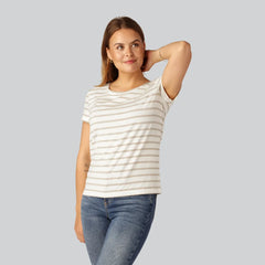 Se Bambus T-shirt O-hals stribet i sand/beige til damer ved Bambuni