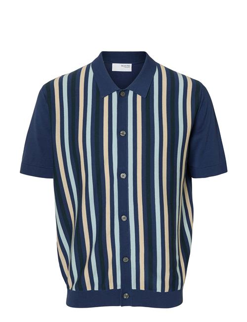 Slhmattis Ss Knit Stripe Polo Cardigan Selected Blue
