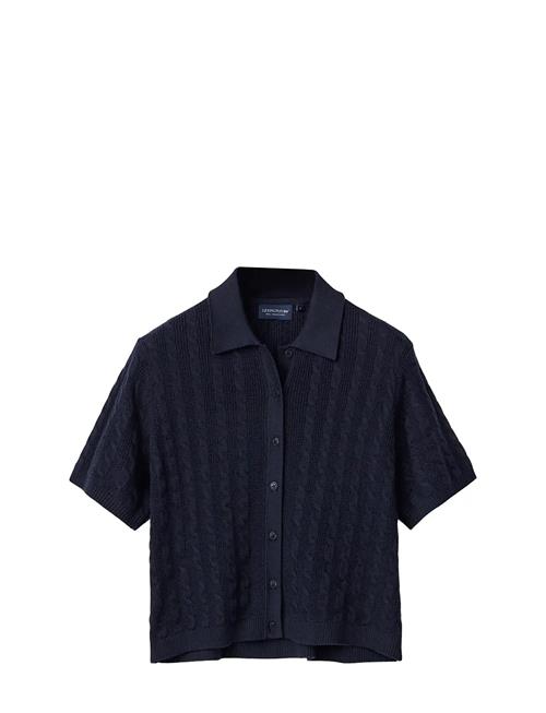 Short Sleeve Cable Knitted Polo Cardigan Lexington Clothing Navy