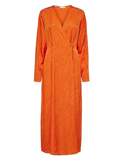 Slfabienne Ls Satin Ankle Wrap Dress B Selected Orange