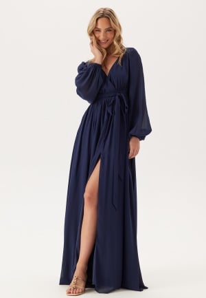 Goddiva Long Sleeve Chiffon Dress Navy S XL (UK16)