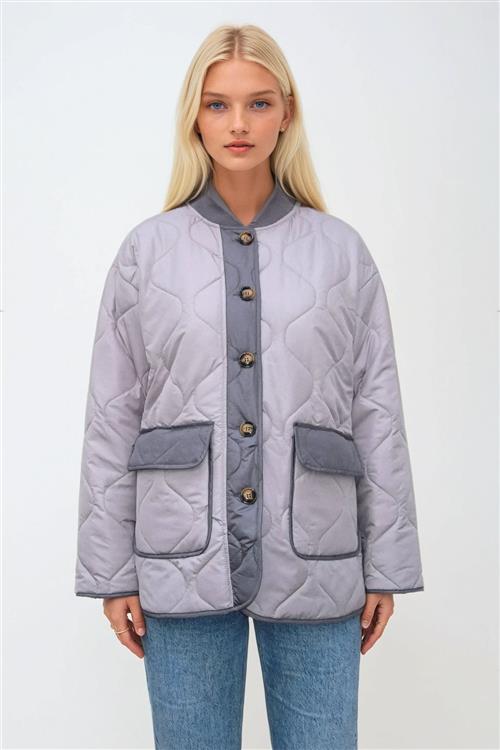 Quilted Block Jakke - Grå - S - TeeShoppen