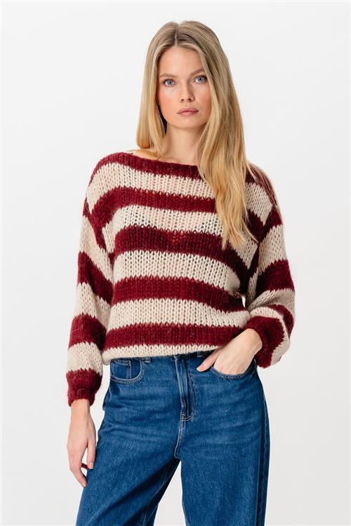 Mila Stribet Striktrøje - Bordeaux/Beige - L/XL - TeeShoppen