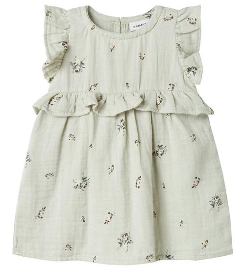 Name It Kjole - Musselin - NbfHikka - Aqua Gray m. Blomster