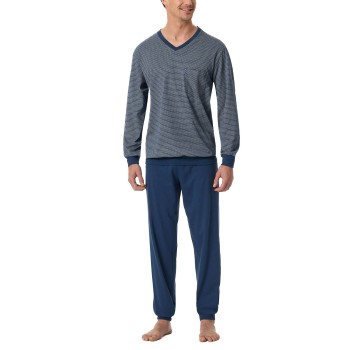 Schiesser Comfort Essentials V-Neck Long Pyjamas Blå bomuld Large Herre