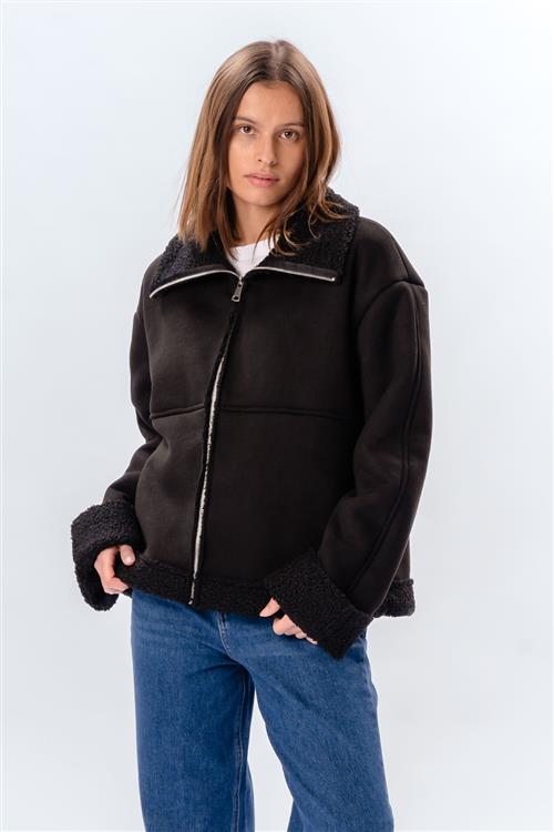 Shearling Zipper Coat - Sort - L - TeeShoppen