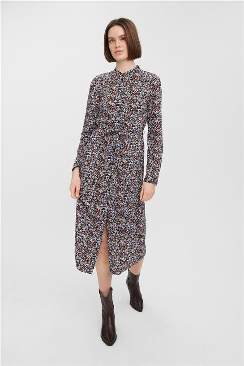 Easy Lang Skjortekjole - Sort m. Blå Blomster - M - Vero Moda