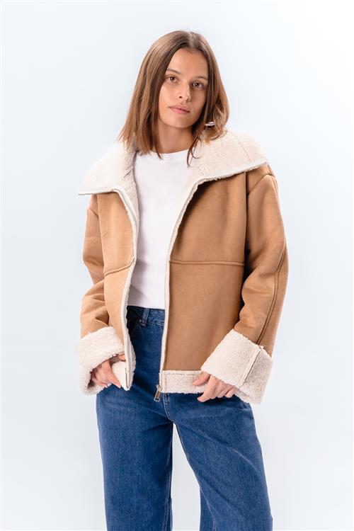 Shearling Zipper Coat - Beige - L - TeeShoppen