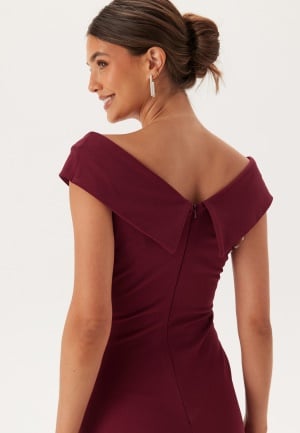 Goddiva Bardot Pleat Maxi Split Dress Wine-red XS (UK8)