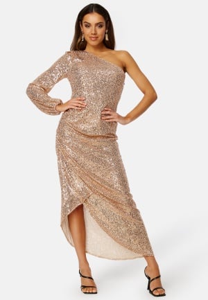 Elle Zeitoune Leon One Shoulder Sequin Dress Rose Gold M (UK12)